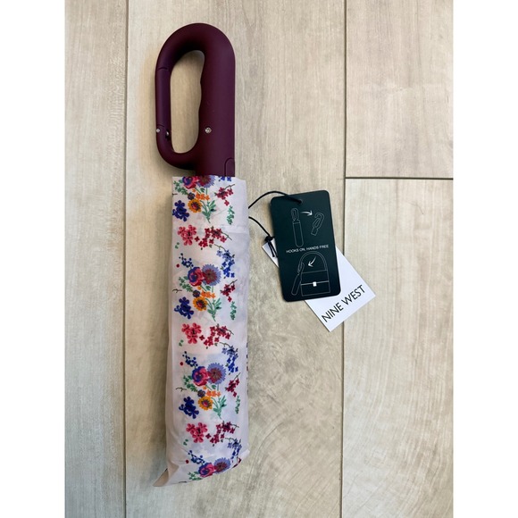 Nine West Accessories - Nine West Carabiner Handle Umbrella Compact 44in Canopy Floral Pink Burgundy NWT